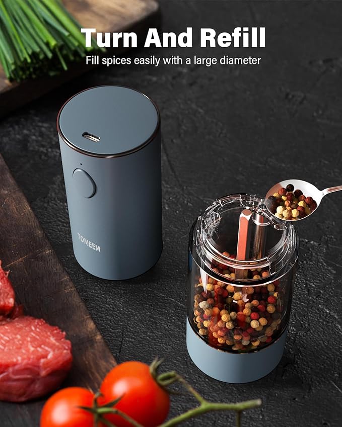 TOMEEM Upgraded Larger Capacity Electric Salt and Pepper Grinder Set Rechargeable with LED lights, Stainless Steel Automatic Pepper and Salt Grinder Refillable with 5 Adjustable Coarseness Blue