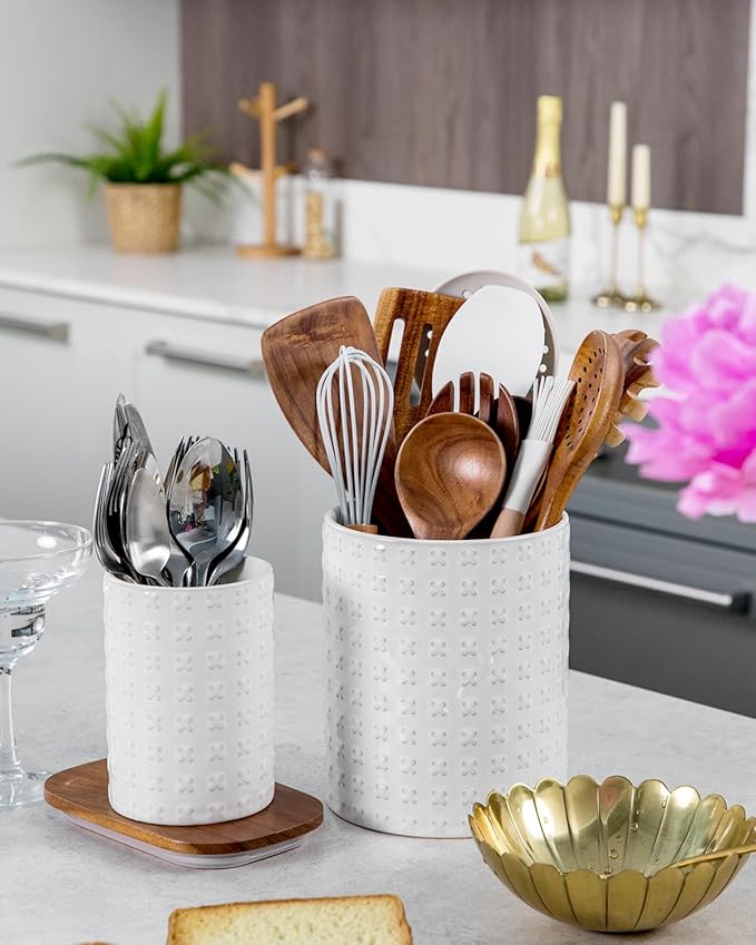 Utensil Holder - 7.2"+5.4" Ceramic Utensil Holder for Kitchen Counter, Large Utensil Crock Flatware Organizer Spatula Holder for Counter, Farmhouse Embossed Vase for Housewarming, Home & Kitchen Decor