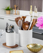 Dual Sizes Utensil Holder - 7.2"+5.4" Ceramic Utensil Holder for Kitchen Counter, Large Utensil Crock, Cooking Utensils Organizer for Spatula, Farmhouse Embossed Vase for Housewarming, Kitchen Decor