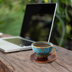 4 oz Espresso Cups Set of 2, Ceramic Cappuccino Cups with Saucers, Durable Porcelain Tea Set & Modern Coffee Cup Collection, Coffee Lover Gifts, Glazed Blue