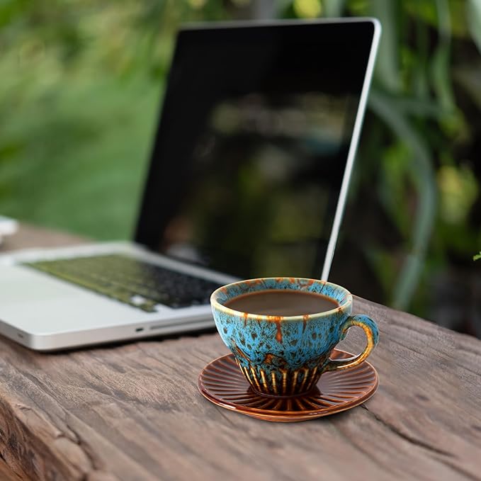 4 oz Espresso Cups Set of 2, Ceramic Cappuccino Cups with Saucers, Durable Porcelain Tea Set & Modern Coffee Cup Collection, Coffee Lover Gifts, Glazed Blue
