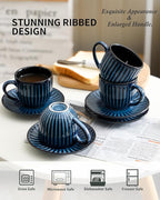 Hasense Ceramic Cappuccino Cups and Saucers Set of 4, Ribbed 6 Oz Demitasse Tea Cup with big Handle, Mugs Set for Coffee,Tea,Latte and Mocha, Aesthetic Gift for Anniversary or Holiday, Blue