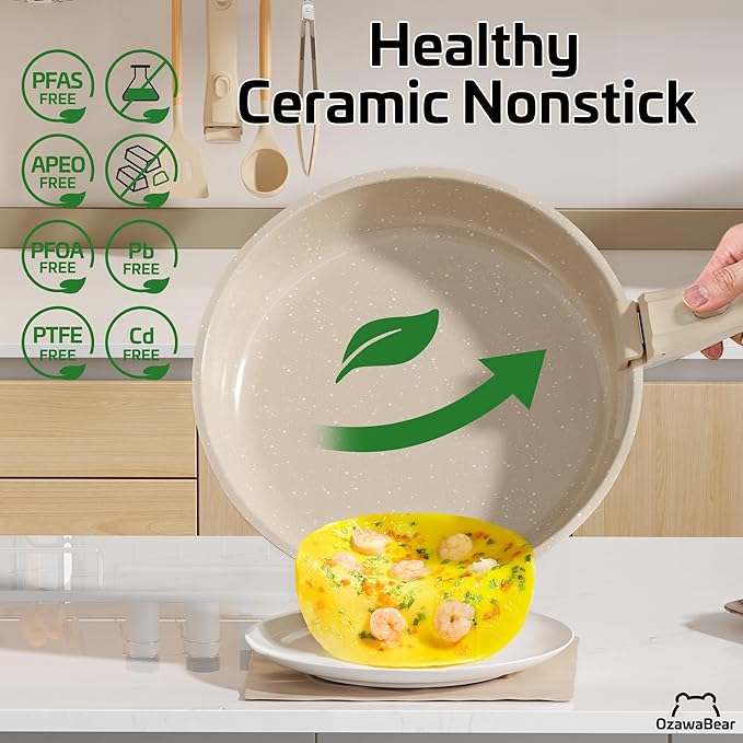 26 Pcs Pots and Pans Set Non Stick, Ceramic Cookware Set Non Toxic with Detachable Handles, Healthy Induction Cookware Oven Safe RV Kitchen Set, PFAS PFOA & PTFE Free, Taupe