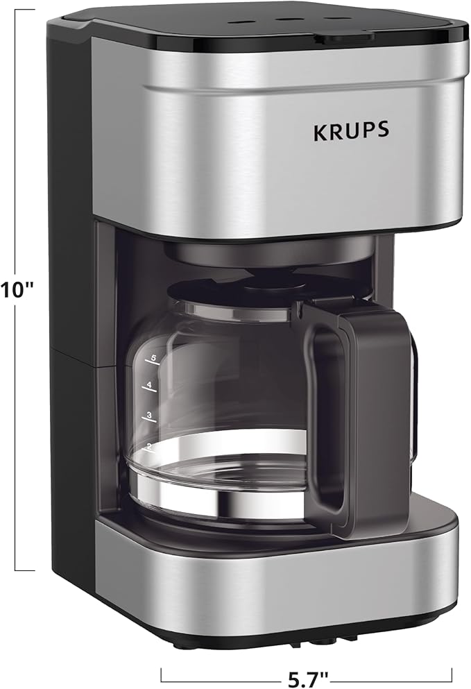 KRUPS Simply Brew Compact 5 Cup Coffee Maker: Stainless Steel Design, Pause & Brew, Keep Warm, Reusable Filter, Drip-Free Carafe