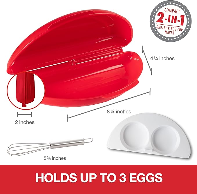 Microwave 2 in 1 Omelet Maker and Egg Cup Cooker - Make Easy Poached, Fried, or Scrambled Eggs w Removable Tray- Steel Whisk & Recipe Book included - Amazing Breakfast Sandwiches in Minutes- PVC Free