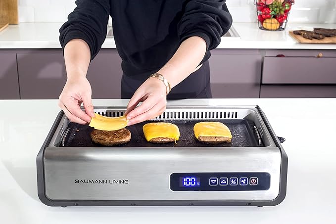 Indoor Smokeless Grill 1500W with Smart LED Touch Screen, Tempered Glass Lid, 2 Removable Ceramic Nonstick Grill & Griddle Plate, in a Modern Stainless Steel Design.