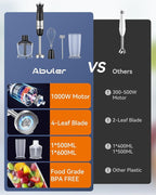 Immersion Blender Handheld 1000W 5 in 1 Corded Stick Hand Blender Kitchen with 12 Speed, BPA-Free, Mixing Beaker, Chopper, Whisk, Milk Frother, Perfect Emulsifier for Soup, Baby Food, Sauce, Puree