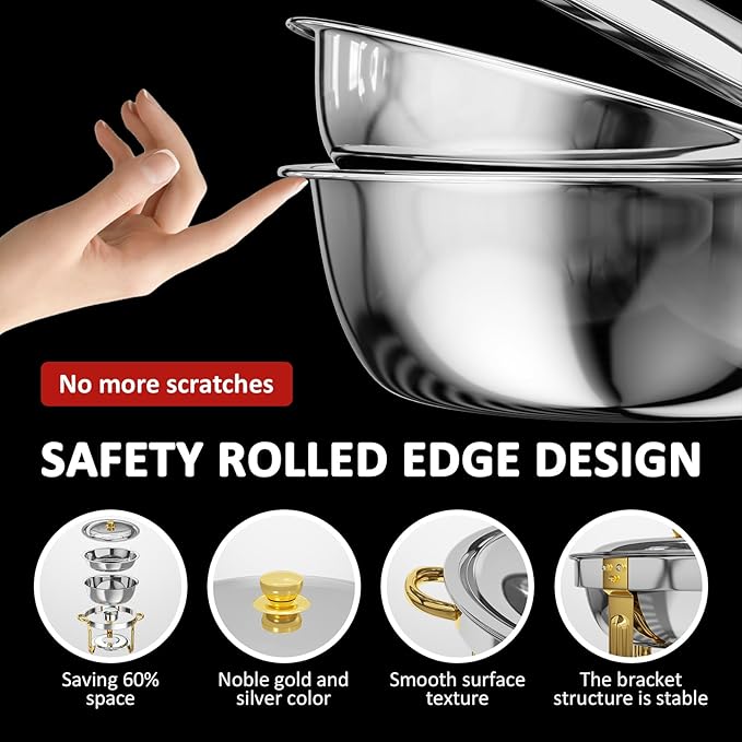 Chafing Dishes for Buffet, 6 Pack 5QT Round Chafing Dish Buffet Set [Elegant Gold and Silver Colors] Stainless Steel Buffet Servers and Warmers for Catering Events Parties Dinners with Complete Set