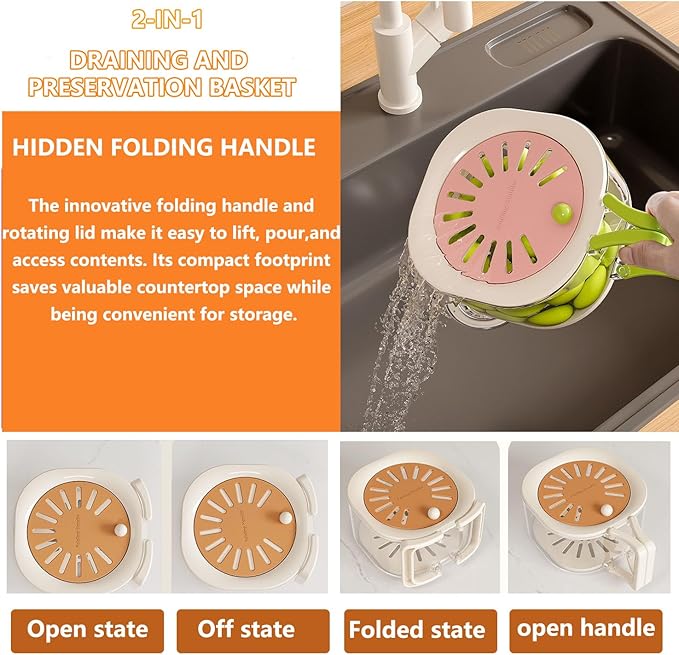 MultiPurpose Drain Basket with Lid,Vegetable Fruit Washing Bowl with Strainer,2 in 1 Foldable Handle Fruit Strainer,Berry Basket for Fridge(Brown)