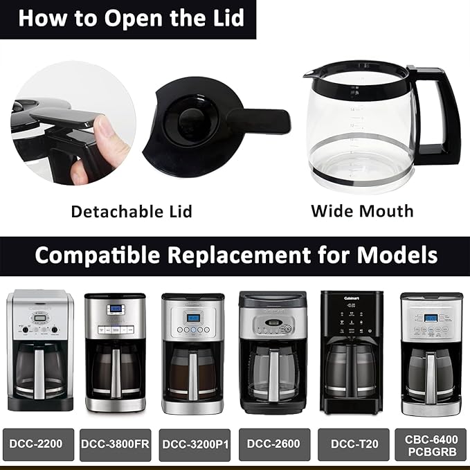 14-Cup Coffee Pot Replacement Carafe Glass Compatible with Cuisinart Coffee Maker Models DCC-2200, DCC-2600, DCC-2800, DCC-3200, DCC-3200P1, DCC-T20, Black