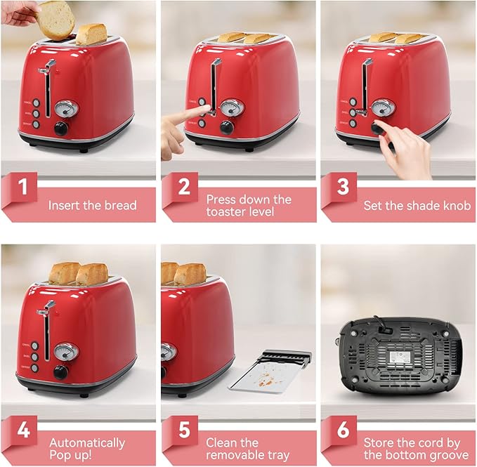Toaster 2 slice,Retro Stainless Steel Toaster with 6 Settings, 1.5 In Extra Wide Slots, Bagel/Defrost/Cancel Function, Removable Crumb Tray (Red)