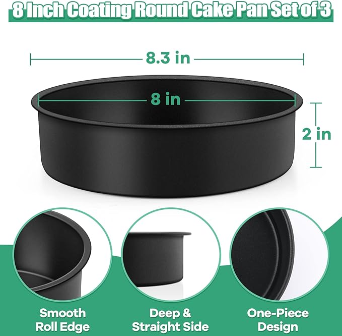 TeamFar 8 Inch Cake Pan, Round Baking Layer Cake Pan Set of 3, with Non-Stick Coating Stainless Steel Core for Birthday, Party, Wedding, Healthy & Heatproof, Release Easily & Easy Clean