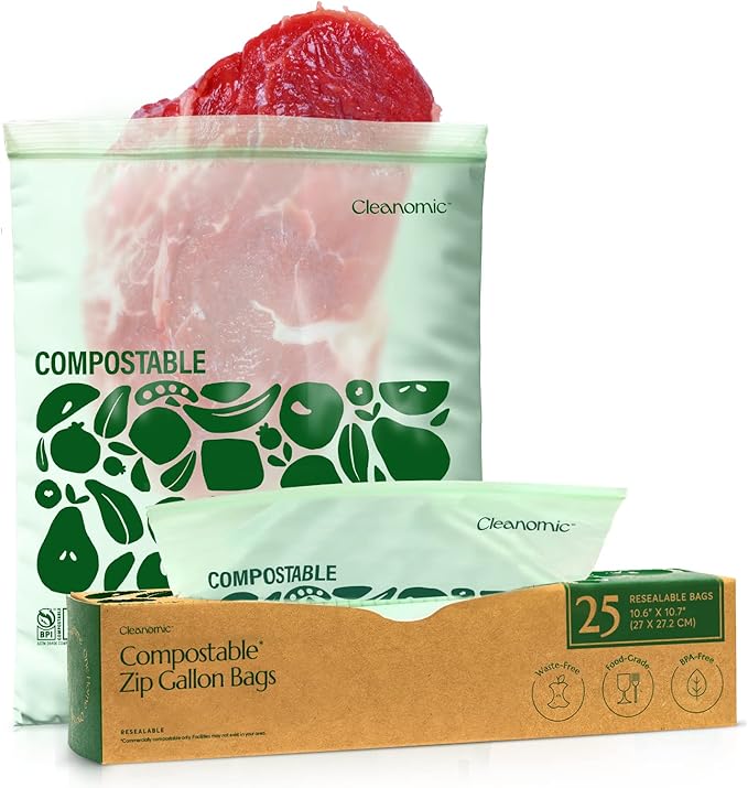 Cleanomic Compostable* Gallon Size Food Storage Bags (25 Eco Zip) Freezer and Leak Proof, Also Available Quart, Snack and Sandwich Bags