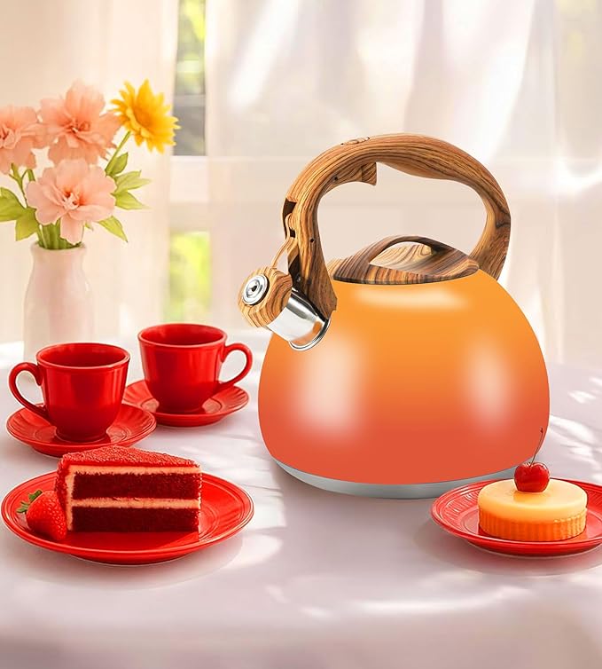 Tea Kettle Stovetop, 3.2Qt Stainless Steel Tea pots with Wood Grain Handle Food Grade Whistling Tea kettle,Induction/Gas Stoves (Orange-Red Gradient)