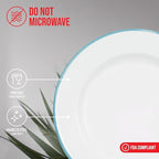 Red Co. Set of 4 Enamelware Metal Classic 10" Round Dinner Plate, Solid White/Teal Rim