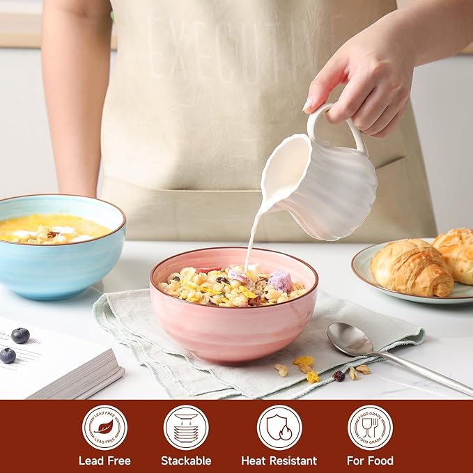 KitchenTour 24 OZ Cereal Bowls Set of 6, Ceramic Soup Bowls for Kitchen, 5.9 Inch Colorful Serving Bowls for Oatmeal, Salad, Pasta, Dessert - Microwave & Dishwasher Safe, Assorted Warm Colors