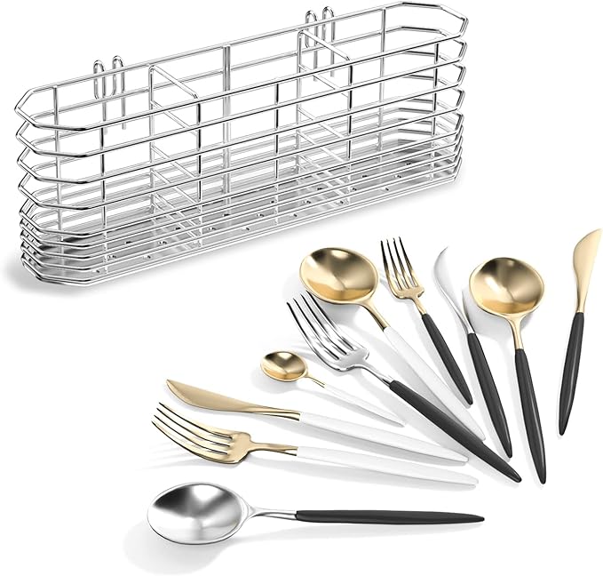 JAQ Utensil Holder for Sink, Sus304 Stainless Steel Rust Free Silverware Cutlery Flatware Holder Rack Organizer with Hooks for Dish Drying Rack Sink Dish Drainer in Kitchen Bathroom