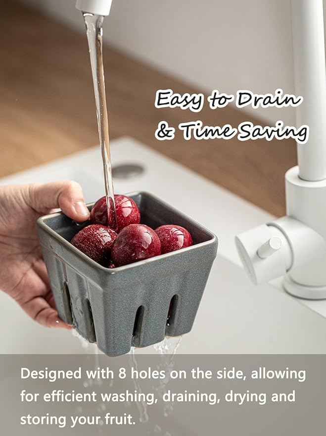 Gomakren Ceramic Berry Basket Set of 2, Square Fruit Bowls with Holes, Fruit Basket Containers for Kitchen, Cute Strawberry Basket for Berries, Grape, Cherry, Slate Blue