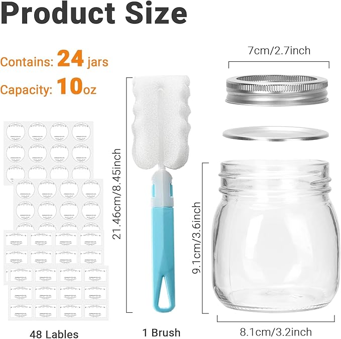 DHSBTLS Glass Regular Mouth Mason Jars, 24 Pack 10 oz Glass Canning Jars with Silver Aluminum Lids and Bands, Airtight Jars for Food Storage, Canning, Overnight Oats, Fermenting, Pickling, Decor