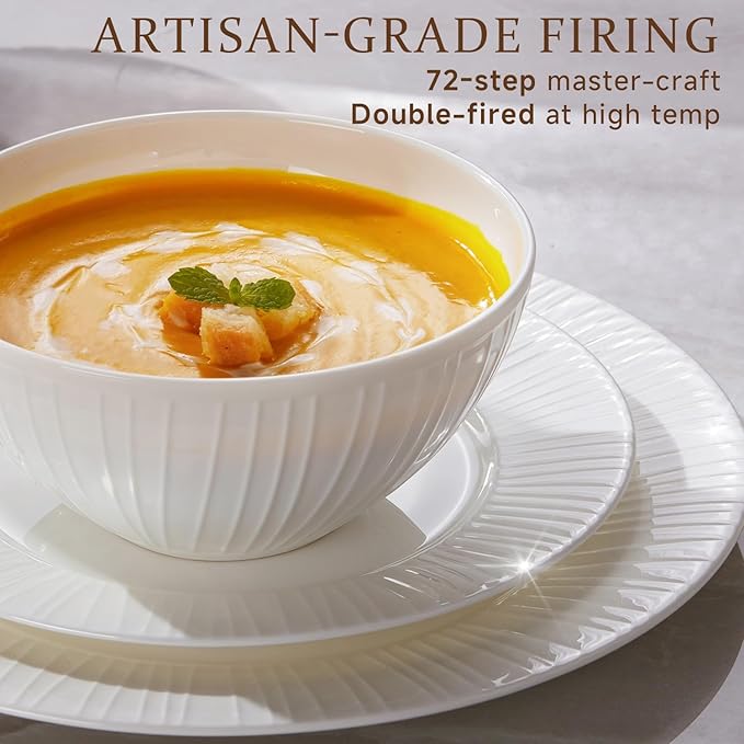 KINGSTONE Bone China Dinnerware Set, 12-Piece White Lightweight Porcelain with Textured Design Service for 4, Plates, Bowls, for Family Dining, Restaurants, Gifting，Microwave and Dishwasher Safe