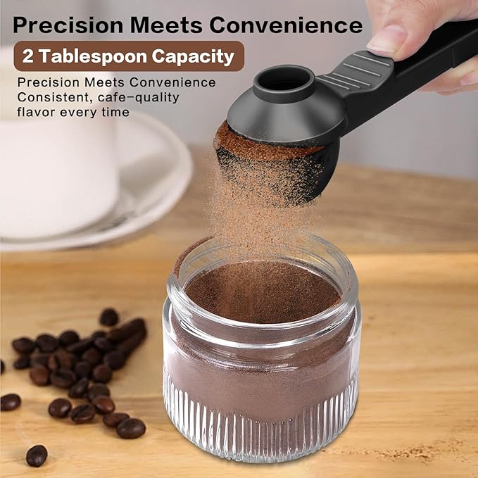 2-in-1 Coffee Scoop with Funnel, 2 Teaspoon Measuring Spoon for Reusable K Cups, Ground Coffee, Protein Powder & Tea, Mess-Free Plastic Design (Black)