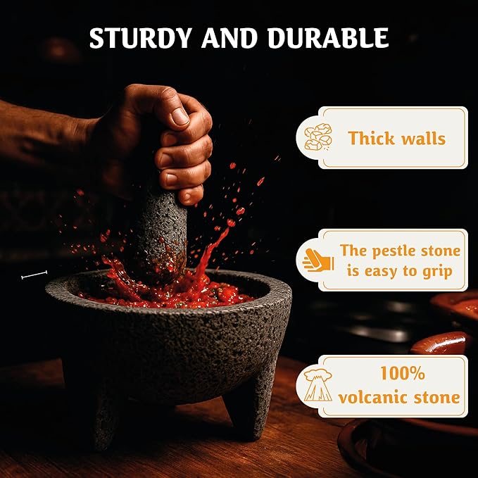 Elly Mexican Molcajete 8in, Handmade with Natural Volcanic Stone, Mortar and Pestle Set for Guacamole, Spices, Salsa, Pesto & More, Authentic Lava Rock, Includes Free Tortilla Warmer