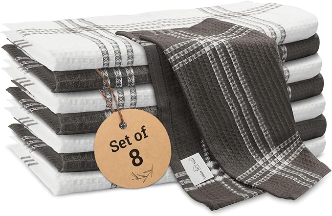 Urban Villa Cotton Dish Cloth Set of 8, Waffle Kitchen Cloth 12x12 Inch Highly Absorbent Soft Dish Cloths for Kitchen Cleaning & Drying Dishes Mitered Corner Dish Towels - Grey White, Checks