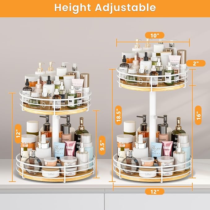 Two Tier Lazy Susan Organizer Turntable Height Adjustable, 2 Tier Wood Lazy Susan 12 Inch, Rotating Spice Rack Organizer for Cabinet Dining Table Top Kitchen Bathroom Countertop White