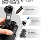 MUKOKO 24oz Glass Water Bottle with 2 Lids-Handle Flip Lid&Bamboo Straw Lid,Motivational Water Tumbler with Time Marker Reminder and Silicone Sleeve, Leakproof-Black