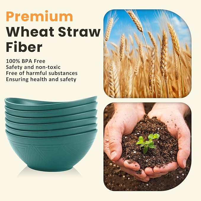 Homienly Salad Bowls 6 PCS Wheat Straw Bowls - 60oz Large Serving Bowl - Microwave and Dishwasher Safe Cereal Bowl Big Soup Bowl for Kitchen, Camping, Picnic, Party, Popcorn Bowl Set - Green