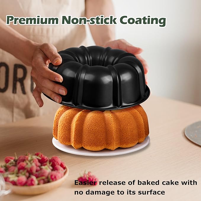 E-far 2 Packs Tube Cake Pan, 10 Inch Nonstick Fluted Pan for Baking Pound Cake, Heavy Duty Carbon Steel Round Baking Mold, Easy Release & Easy to Clean, 10 Cup, Black