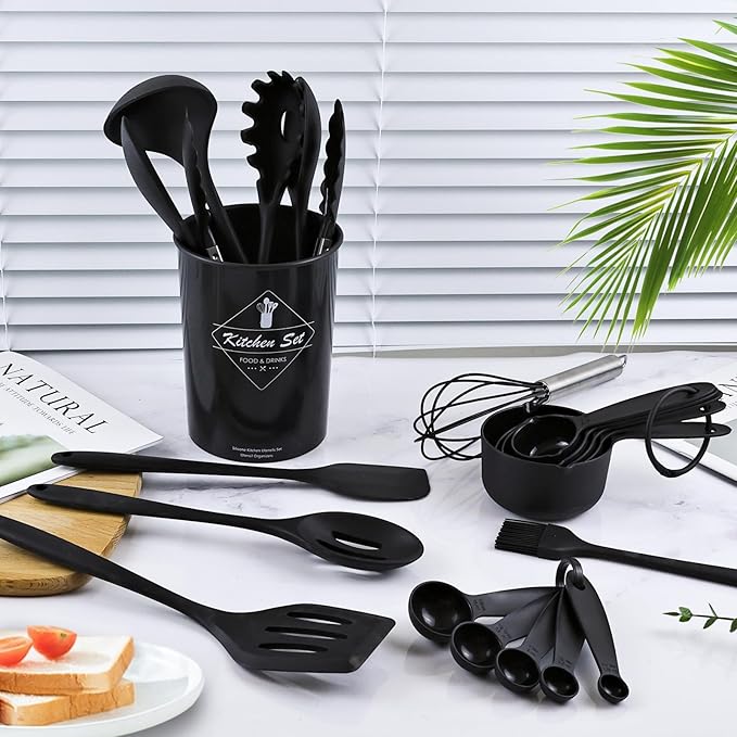 Kitchen Cooking Utensils Set Silicone Spatula Set-446°F Heat Resistant, Nonstick Black Cooking Set with Spatula, Spoon, Brush, Tongs Cooking Tools for New Kitchen/Home Essentials(32PCS)
