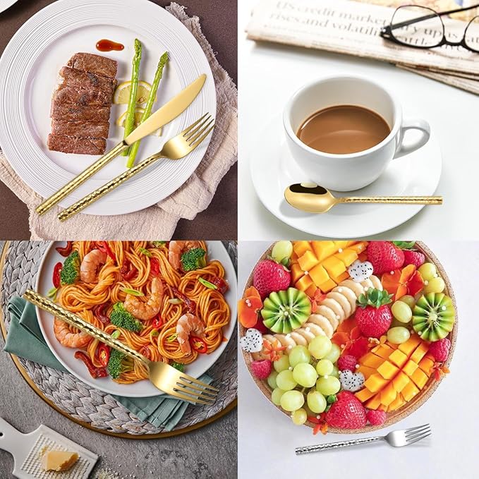 30-Piece Gold Hammered Silverware Flatware Cutlery Set Service for 6,304 Thickened Stainless Steel Cutlery Knife,Fork and Spoon Set,Dishwasher Safe,Gift Package for Wedding Housewarming