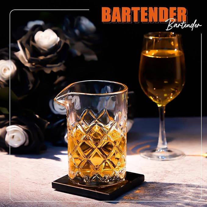 Dandat Cocktail Mixing Glass Crystal Stirring Glass Thick Bottom Seamless Cocktail Pitcher for Home Bartender Bar Whiskey Martini Drink Shaker Accessories(6 Pcs,17 oz)