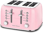 Roter Mond Toaster 4 Slice Retro Stainless Steel with Extra Wide Slots Bagel, Defrost, Reheat Function, Dual Independent Control Panel, Removable Crumb Tray, 6 Browning Levels, Pink