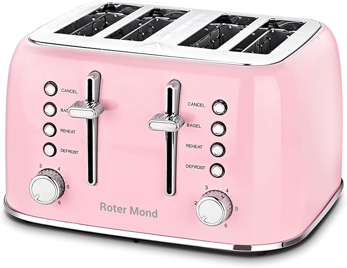 Roter Mond Toaster 4 Slice Retro Stainless Steel with Extra Wide Slots Bagel, Defrost, Reheat Function, Dual Independent Control Panel, Removable Crumb Tray, 6 Browning Levels, Pink
