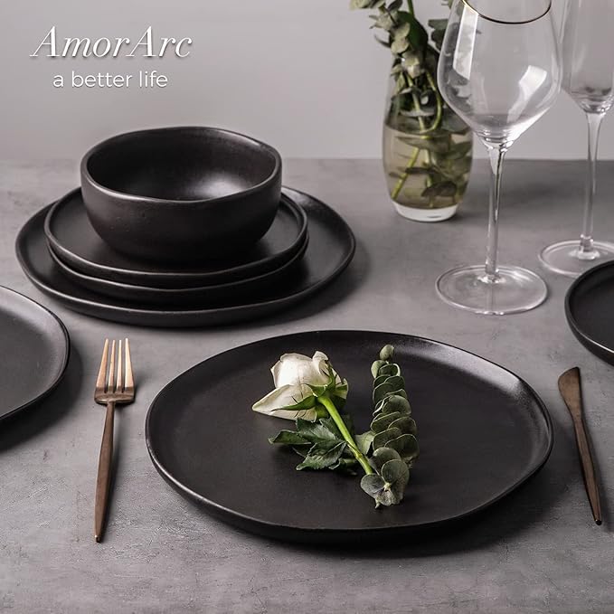 AmorArc Stoneware Cereal Bowls for Kitchen, 28oz Large Ceramic Soup Bowls Set of 4 for Meal, Oven, Microwave&Dishwasher safe Kitchen Bowls with Wavy Rim, Matte Black