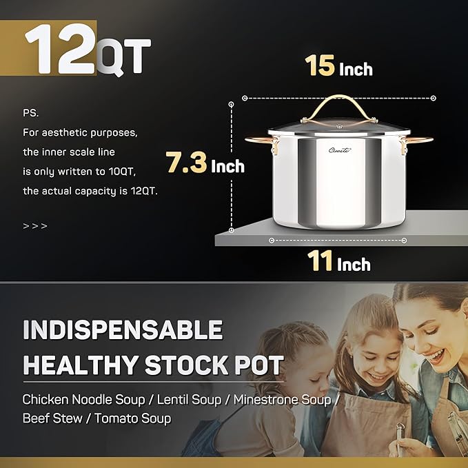 Stock Pot 12 Quart, 18/10 Tri-Ply Stainless Steel All Clad Stock Pot with Lid, Seamless 12 QT Cooking Pot with Copper Handle, Healthy Stockpots, Induction, Gas, Oven and Dishwasher Safe