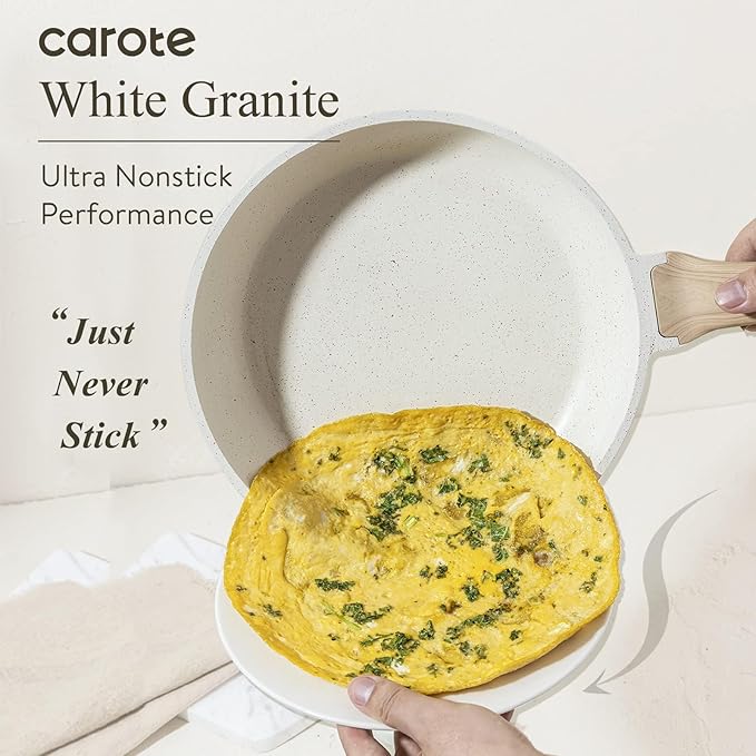 CAROTE Non Stick Frying Pan Skillet, Omelet Pan, Healthy Non Toxic Granite Chef Pan, Induction Compatible Egg Frying Pan with Heat-Resistant Handle, PFOA-Free, Cream White, 12"