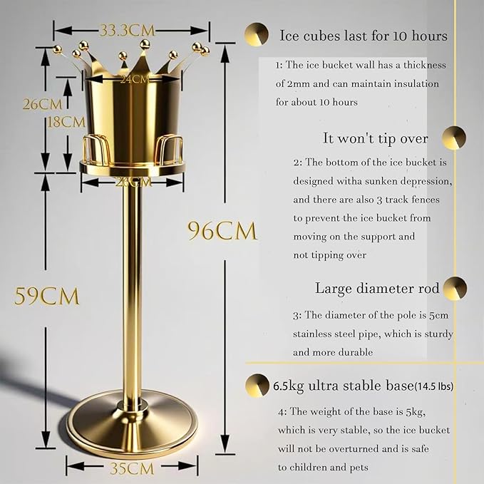 Royal Ice Bucket with Stand, Gold Ice Bucket,Stainless Steel Light-Luxury Standing Wine Bucket,Crown Design with 8 Steel Balls for Champagne, Wine,Family Gatherings,High-end Banquets,7L
