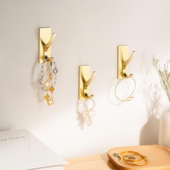 Self Adhesive Coat Hooks for Hanging, Heavy Duty Stainless Double Wall Hook for Towel, Backpack, Hat, Sturdy Metal Hanger for Bathroom, Bedroom, Door, Wall Mounted, 4-Pack, Bling Gold