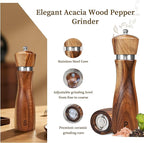 2 Pack Acacia Wood Salt and Pepper Grinder Set, Wooden Salt and Pepper Mill Set Salt and Pepper Shaker Tableware Birthday Gifts Ceramic Core-8 Inch