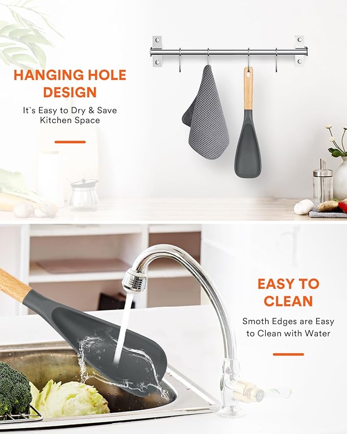 Cooking Spoon for Nonstick Cookwares, Great for Cooking and Serving Sturdy BPA-Free Matte Silicone, Wood Handle Spoon for Mixing, Scoop, and Scrape (GREY)