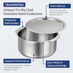 Tramontina Utsava 5.75-Quart Tri-Ply Clad Stainless Steel Tope with Lid, Large Patila Pot for Indian Cooking