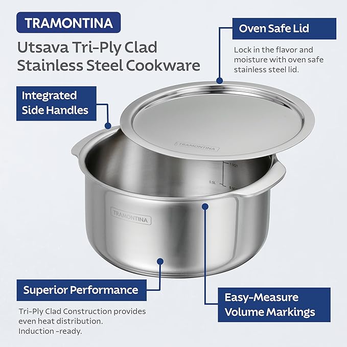 Tramontina Utsava 5.75-Quart Tri-Ply Clad Stainless Steel Tope with Lid, Large Patila Pot for Indian Cooking