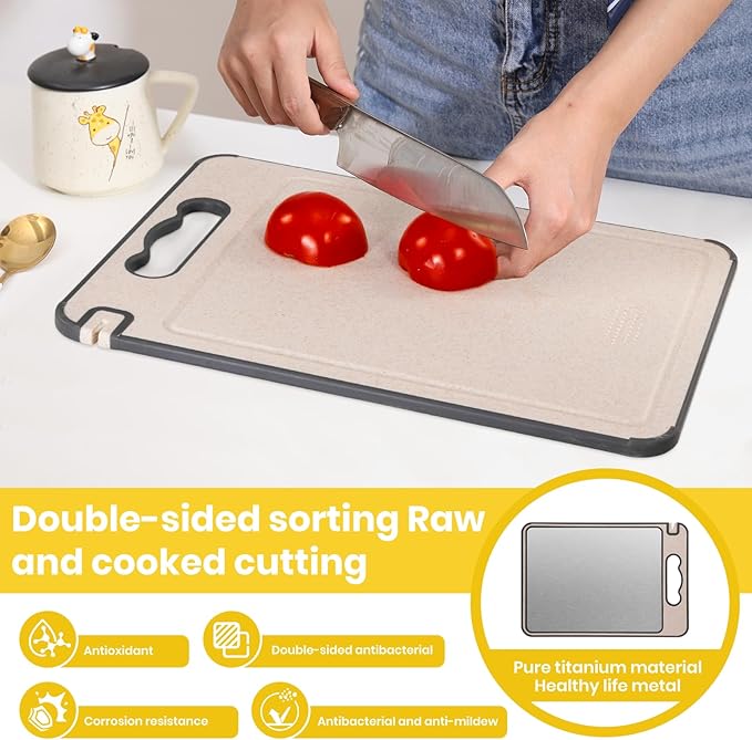 2-IN-1 Titanium Cutting Board for Kitchen Pure Titanium and Wheat Straw PP Scratch-Resistant 15.8x10.6 Inch, (Beige Titanium)