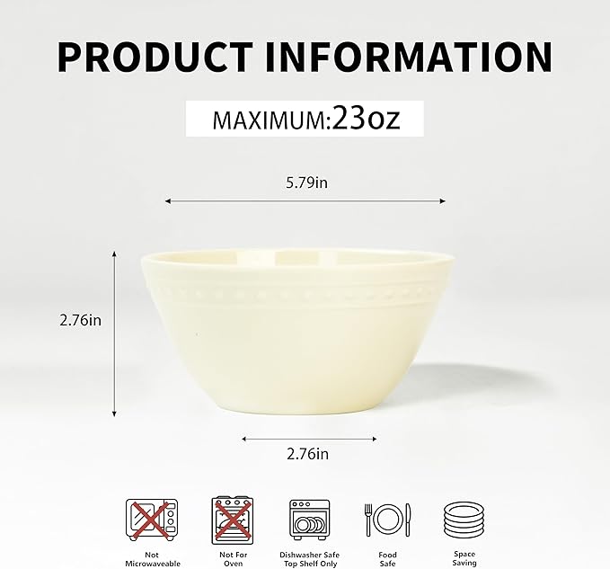 Melamine Beaded Cereal Bowls Set Cream, 6 inch, 24oz All purpose/Soup/Salad Bowls Set of 6, Unbreakable Durable, Dishwasher Safe, BPA Free - Perfect for Soups, Salads, Cereal & Entertaining