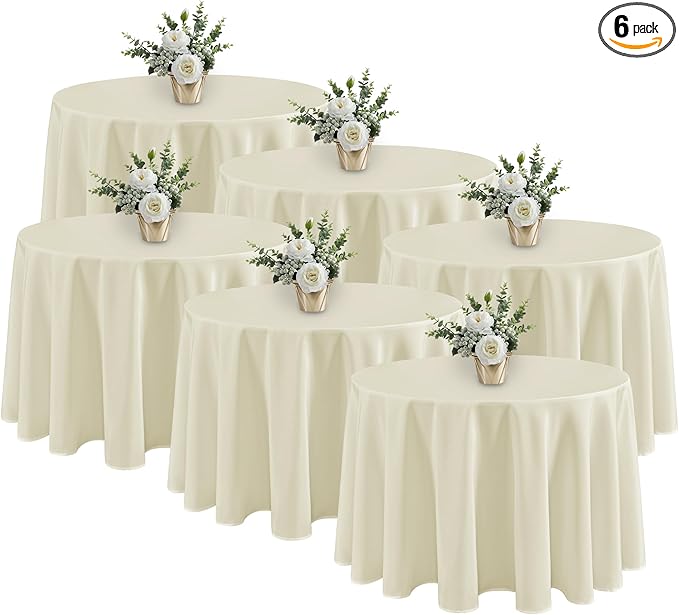 Fitable 6 Pack Ivory Tablecloths for Round Tables-108 Inches in Diameter-Stain Resistant and Washable Table Clothes,Polyester Fabric Covers Wedding,Party,Banquet,Formal Events (130g-QW6P-108Ivory)