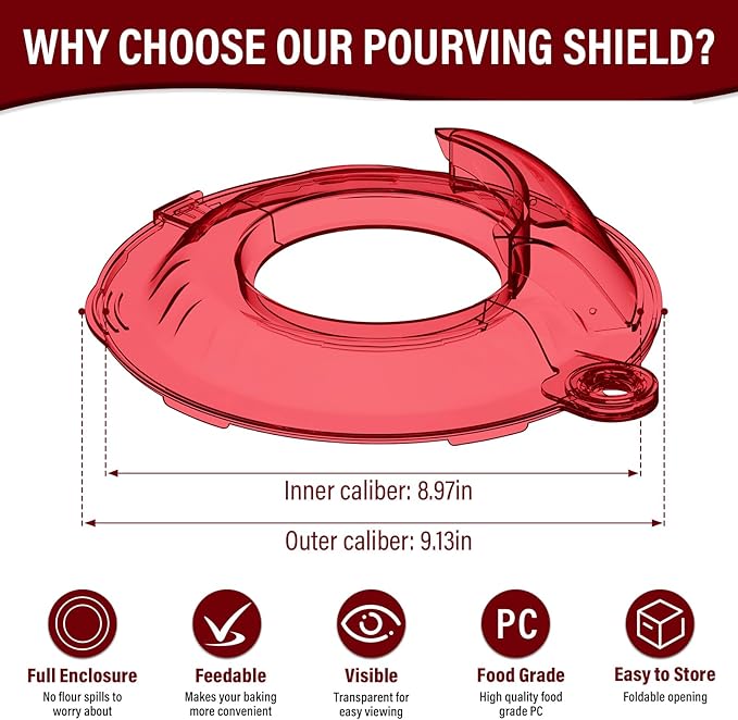 Pouring Shield for KitchenAid Tilt Head 4.5-5QT Stainless Steel (Only),Safety Pouring Shield,Splatter Guard for kitchenaid mixer bowl,Kitchen Aid Stand Mixers (Transparent Red, for 4.5-5 QT)