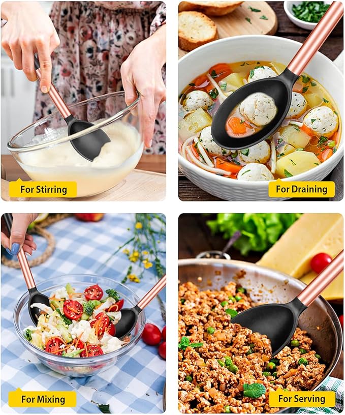 Pack of 2 Large Silicone Cooking Spoons,Non Stick Solid Basting Spoon,Heat-Resistant Kitchen Utensils for Mixing,Serving,Draining,Stirring (ROSE GOLD BLACK)